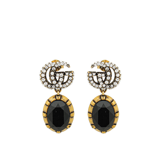 Gucci Aged Gold Double G Crystal Drop Stud Earrings