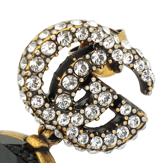 Gucci Aged Gold Double G Crystal Drop Stud Earrings