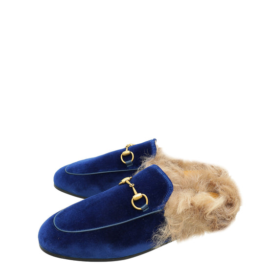 Gucci Blue Velvet Fur Princetown Mules 38