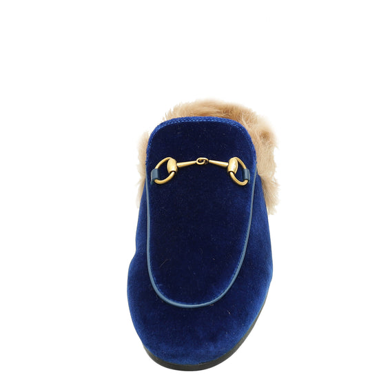 Gucci Blue Velvet Fur Princetown Mules 38