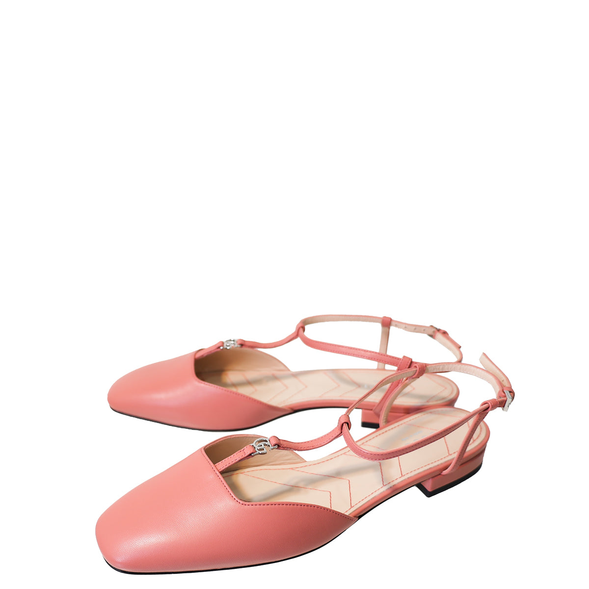 Gucci Peach Pink Double G T Strap Ankle Strap Flats 38-Gucci-THE CLOSET