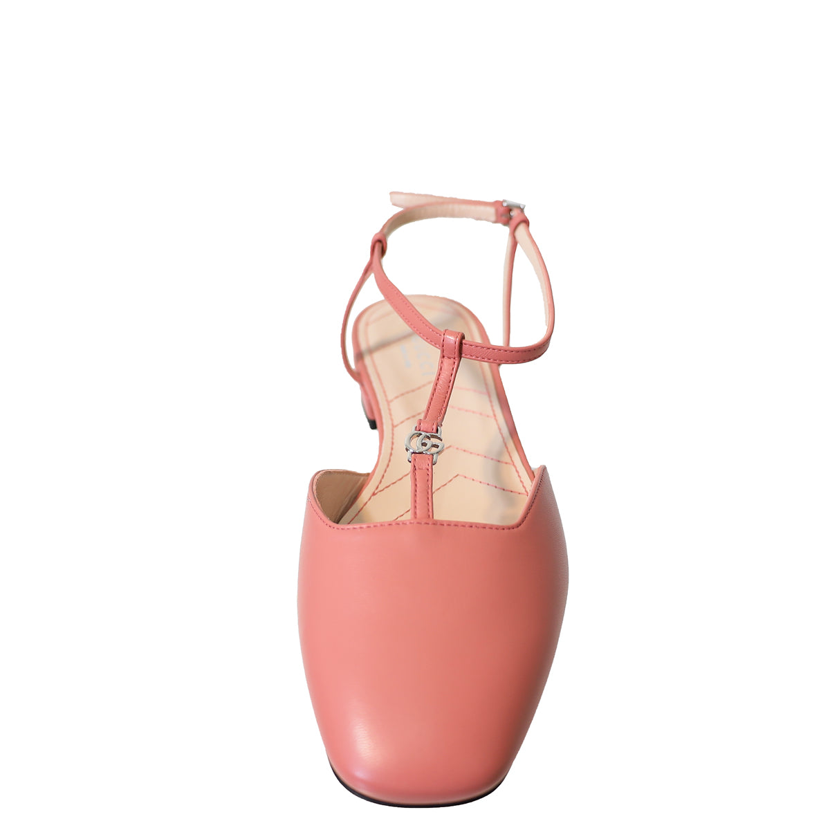 Gucci Peach Pink Double G T Strap Ankle Strap Flats 38-Gucci-THE CLOSET