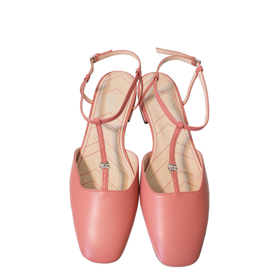 Gucci Peach Pink Double G T Strap Ankle Strap Flats 38