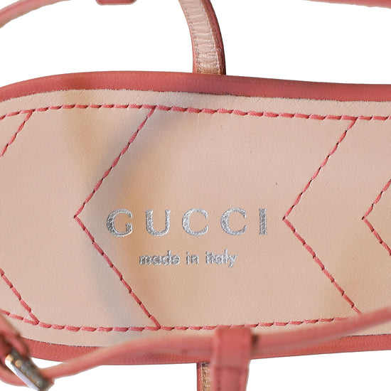 Gucci Peach Pink Double G T Strap Ankle Strap Flats 38