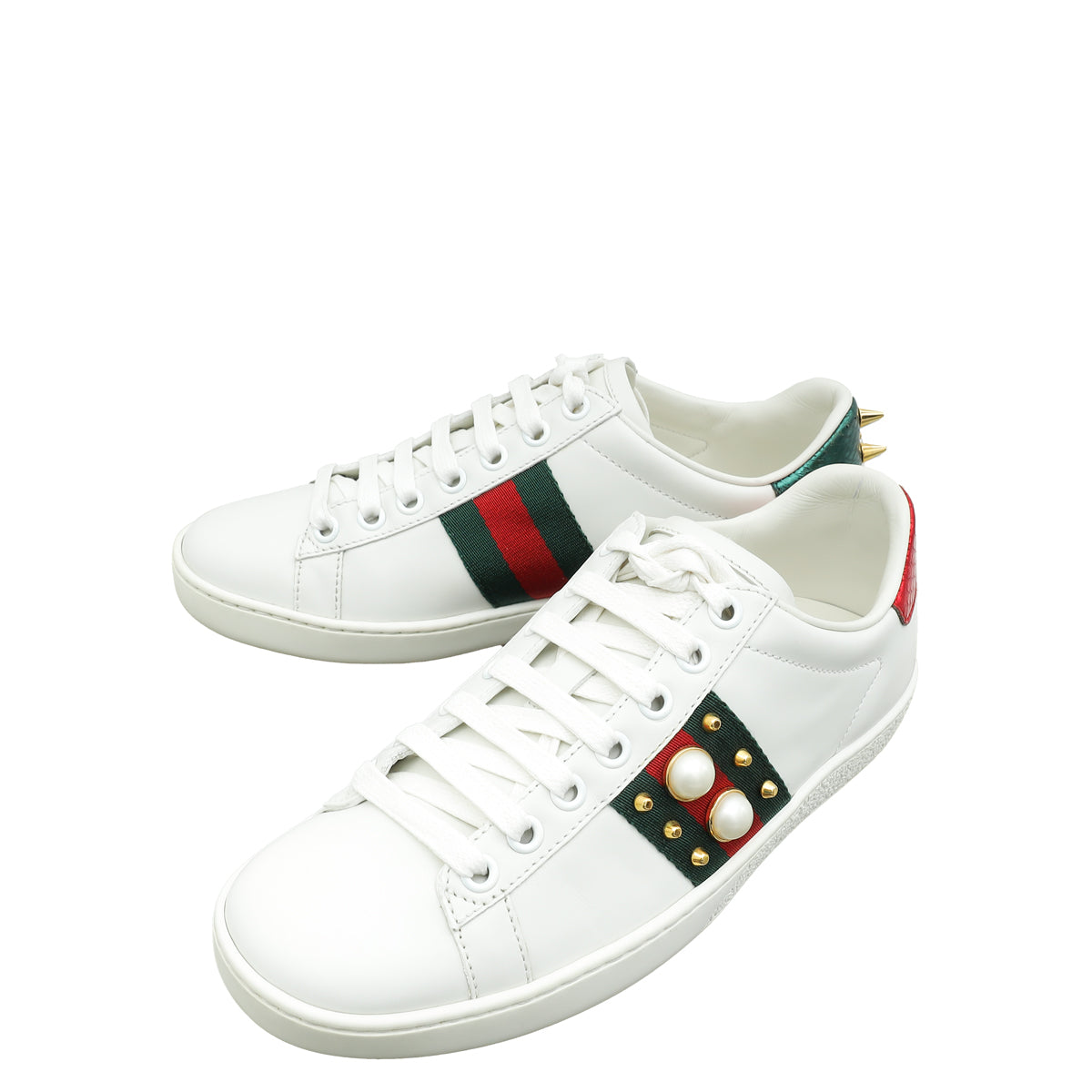 Gucci White Ace Web Pearl Studs Sneaker 35