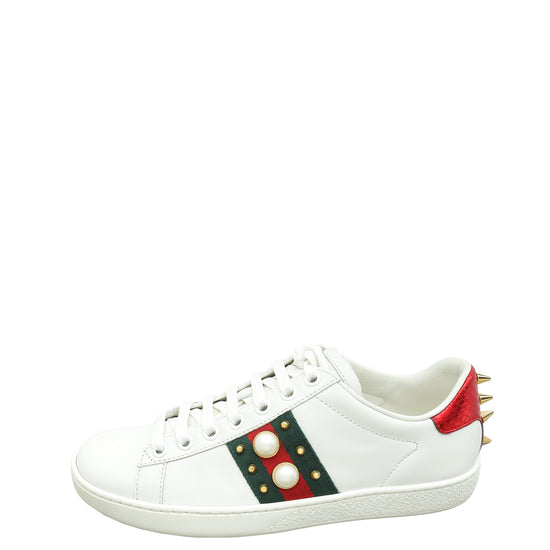 Gucci White Ace Web Pearl Studs Sneaker 35