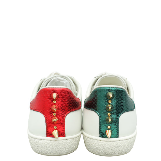 Gucci White Ace Web Pearl Studs Sneaker 35