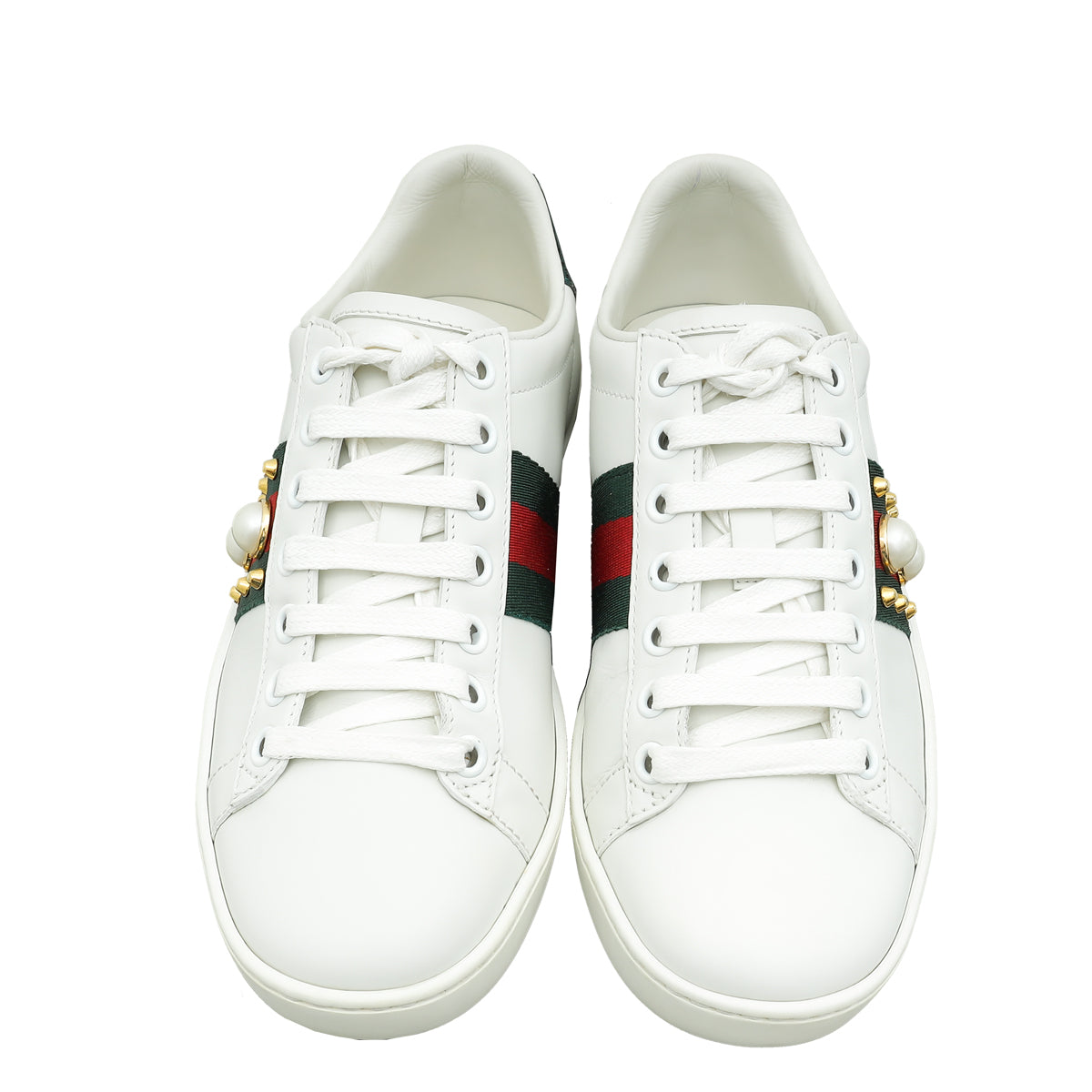 Gucci White Ace Web Pearl Studs Sneaker 35