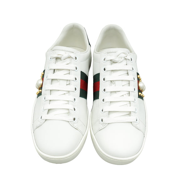 Gucci White Ace Web Pearl Studs Sneaker 35