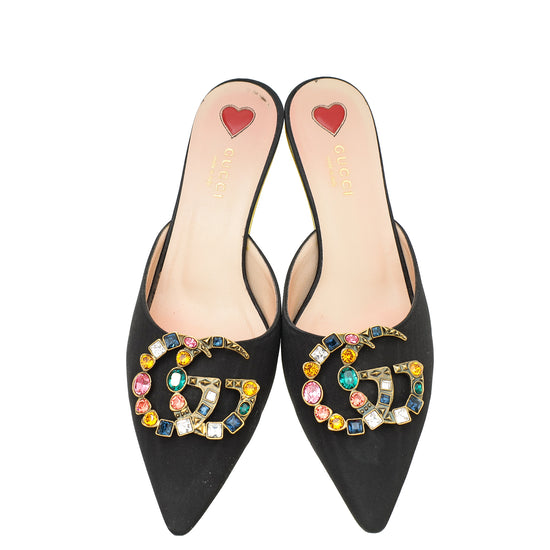 Gucci Moire Fabric Crystal GG Embellished Mules 36.5