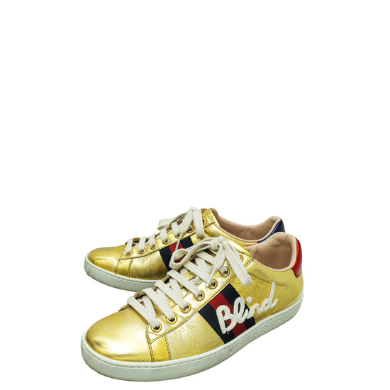 Gucci Gold Ace Embroidered Blind For Love Sneaker 36