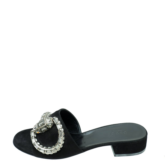 Gucci Black Suede Maxime Crystal Horsebit Slide Sandals 37.5