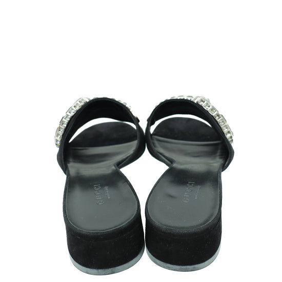 Gucci Black Suede Maxime Crystal Horsebit Slide Sandals 37.5