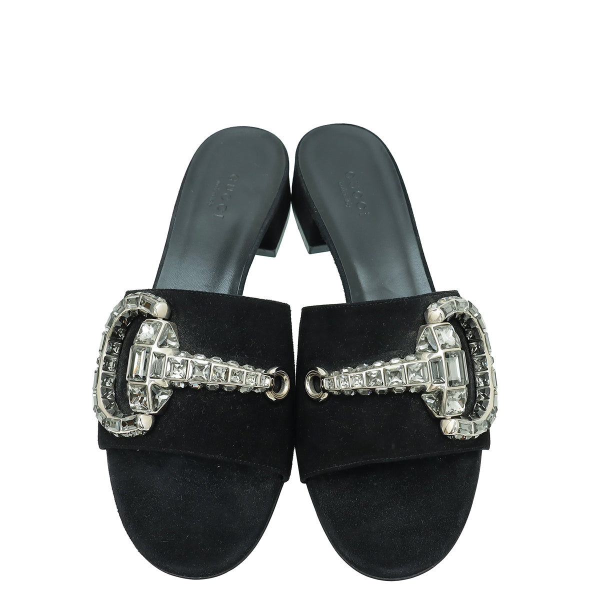 Gucci Black Suede Maxime Crystal Horsebit Slide Sandals 37.5