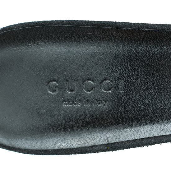 Gucci Black Suede Maxime Crystal Horsebit Slide Sandals 37.5