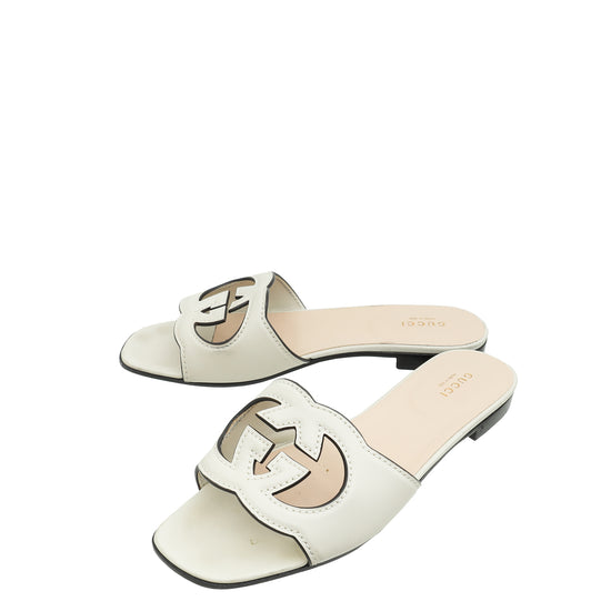 Gucci Ivory GG Cut Out Flat Slide Sandal 38.5