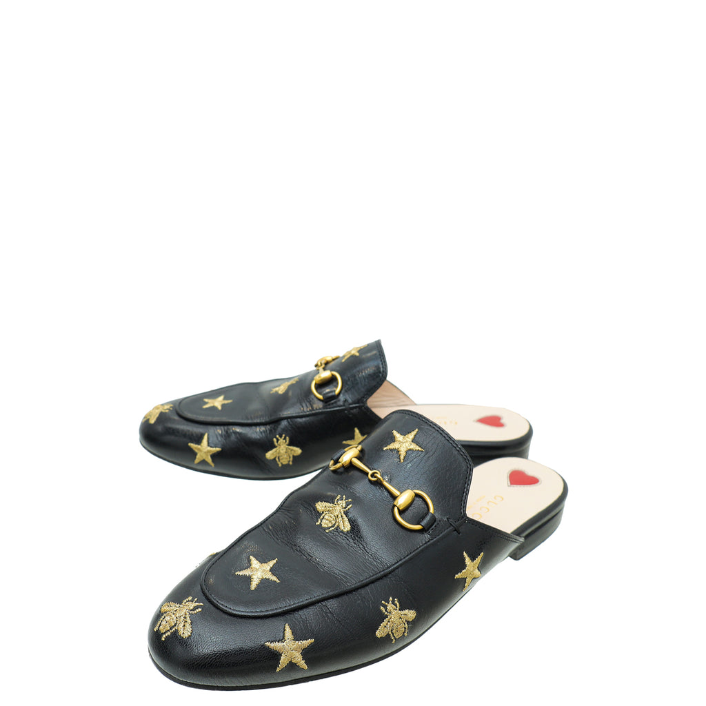 Gucci Black Bee Star Embroidered Princetown Mules 38 THE CLOSET