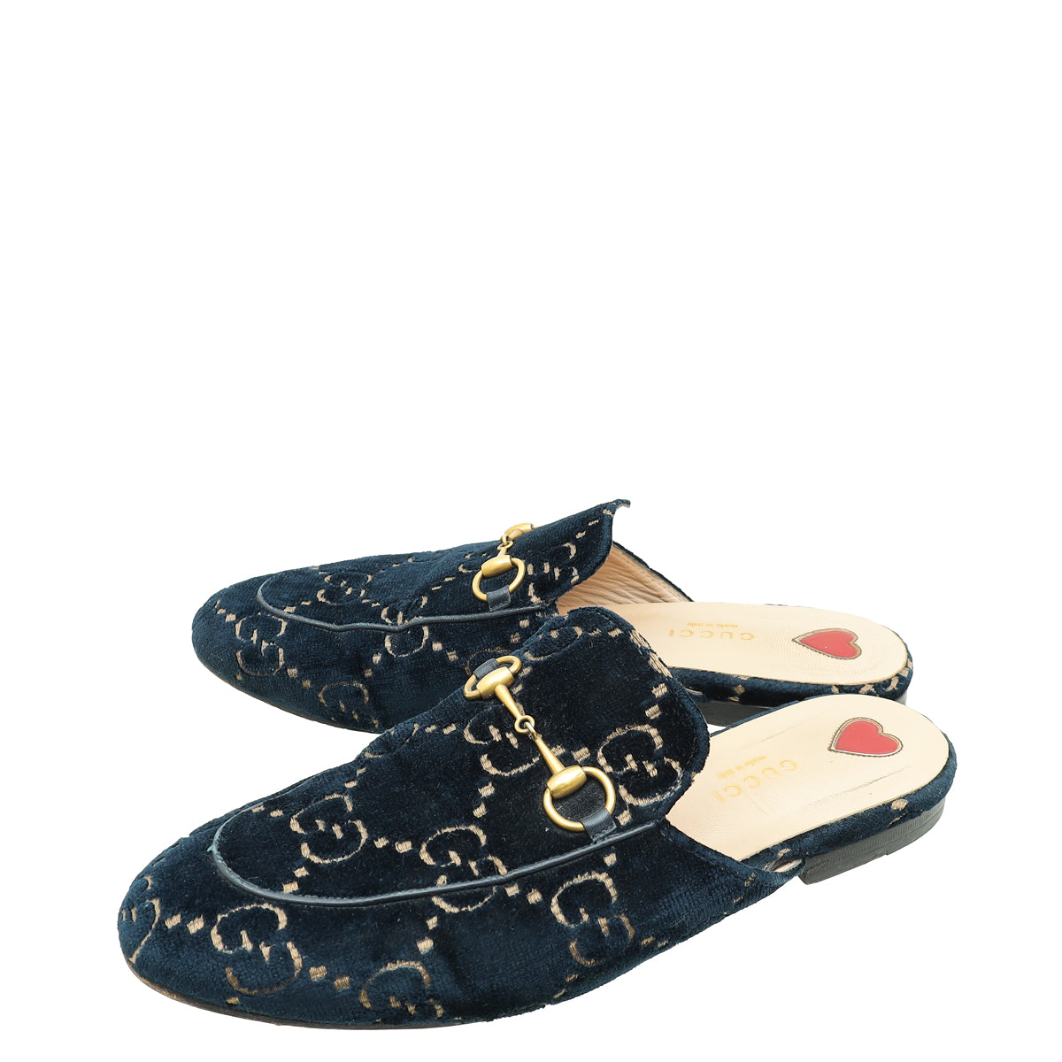 Gucci Dark Blue Princetown Embroidered Velvet Mules 38