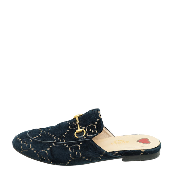 Gucci Dark Blue Princetown Embroidered Velvet Mules 38