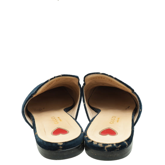 Gucci Dark Blue Princetown Embroidered Velvet Mules 38