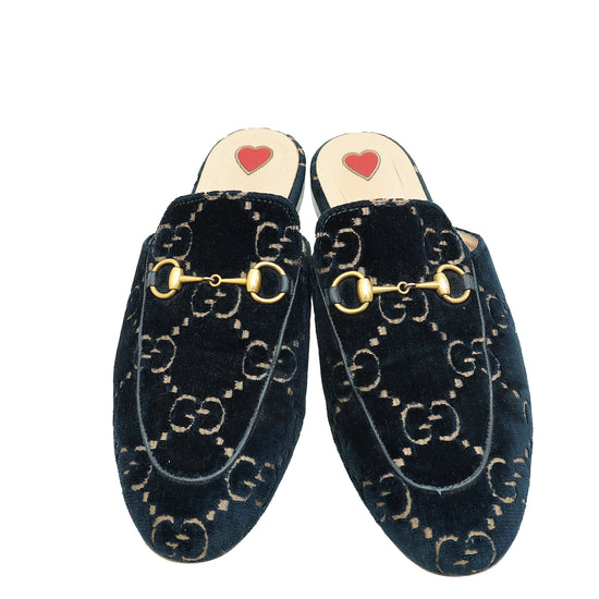 Gucci Dark Blue Princetown Embroidered Velvet Mules 38