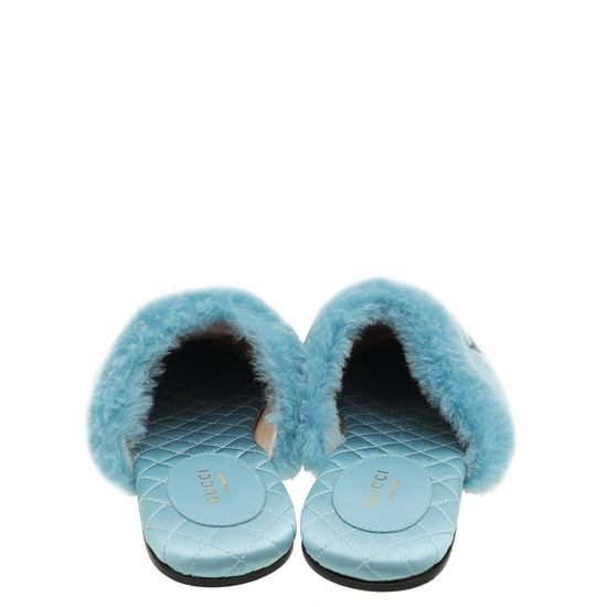 Gucci Blue Faux Fur Printed Mules 39