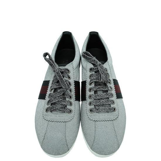 Gucci Silver Glitter Fabric Studded Web Sneaker 39