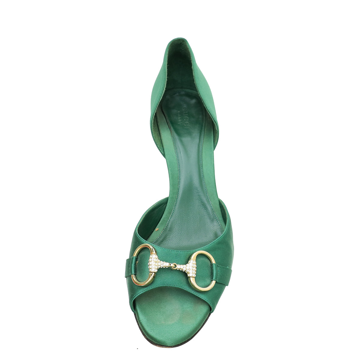 Gucci Green Satin Horsebit Crystal D'Orsay Pumps 40-Gucci-THE CLOSET