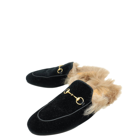 Gucci Black Velvet Fur Princetown Mules 41