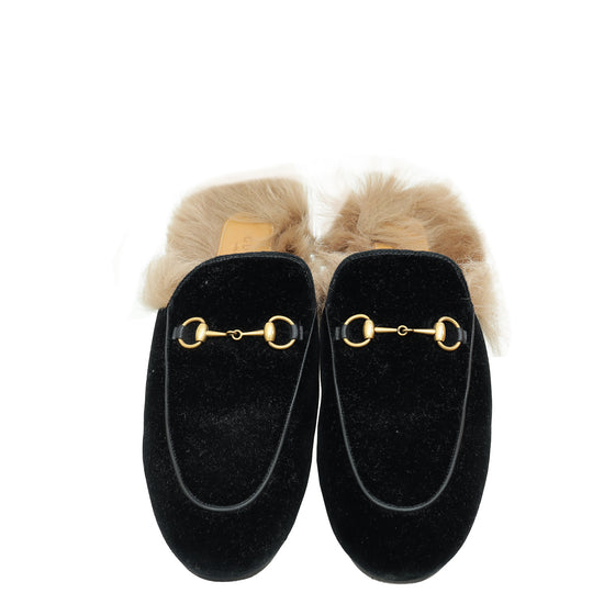 Gucci Black Velvet Fur Princetown Mules 41