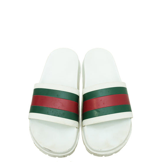 Gucci White Men's Web Rubber Slide Sandals 9
