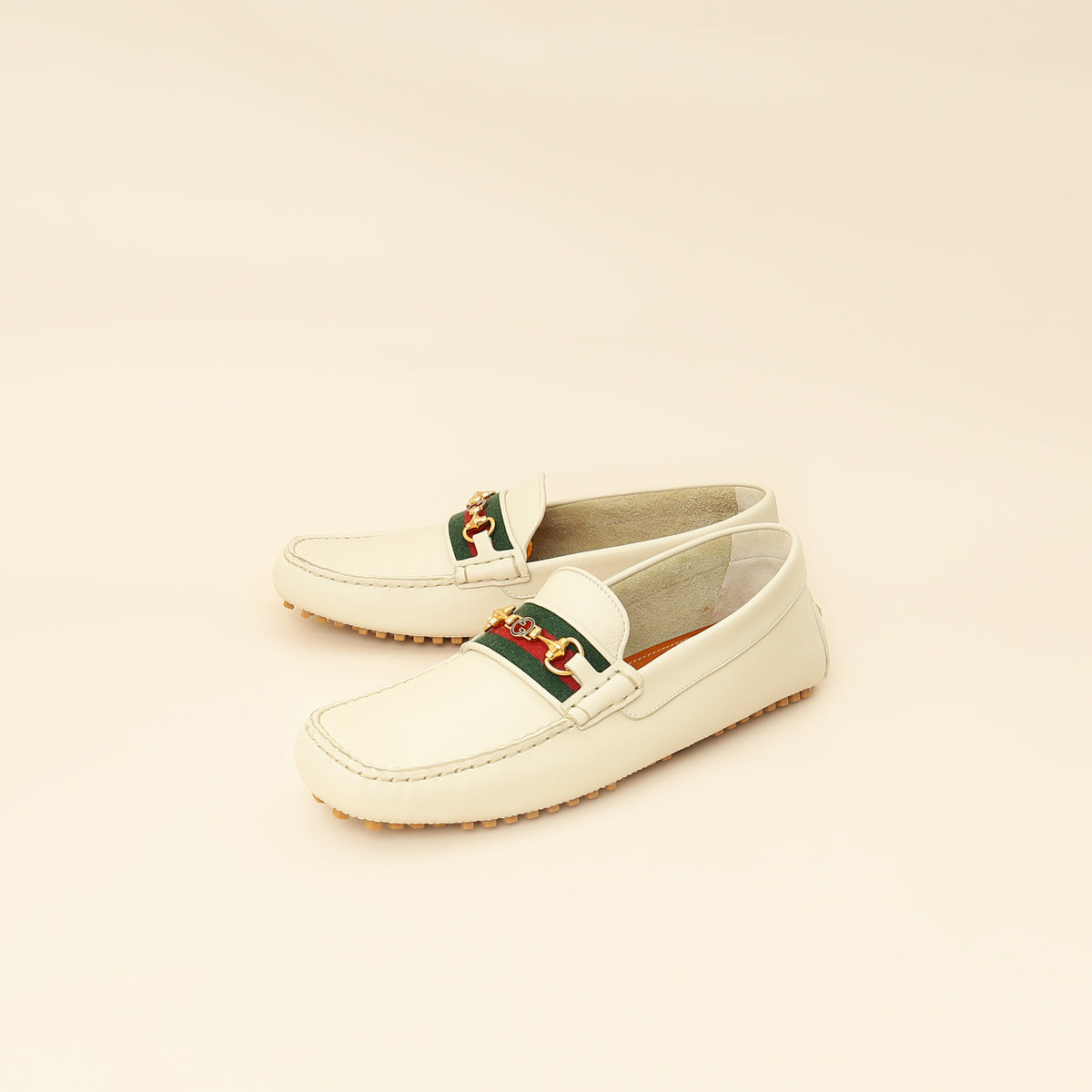 Gucci White Cream Ayrton Horsebit Web Driving Loafer 8.5-Gucci-THE CLOSET