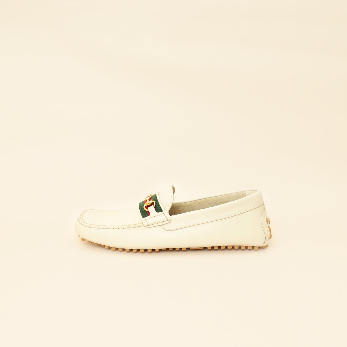 Gucci White Cream Ayrton Horsebit Web Driving Loafer 8.5-Gucci-THE CLOSET