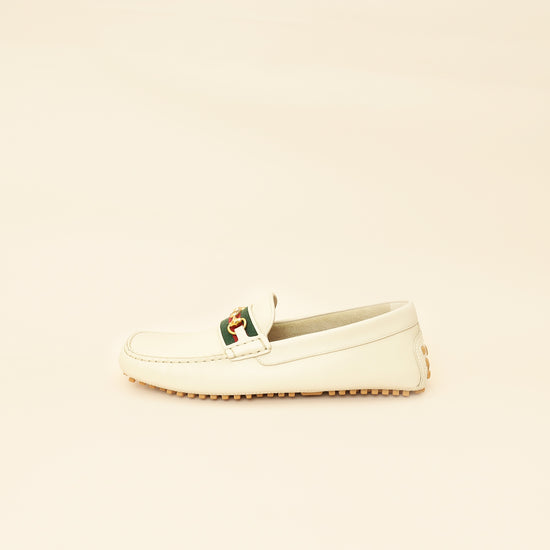 Gucci White Cream Ayrton Horsebit Web Driving Loafer 8.5-Gucci-THE CLOSET