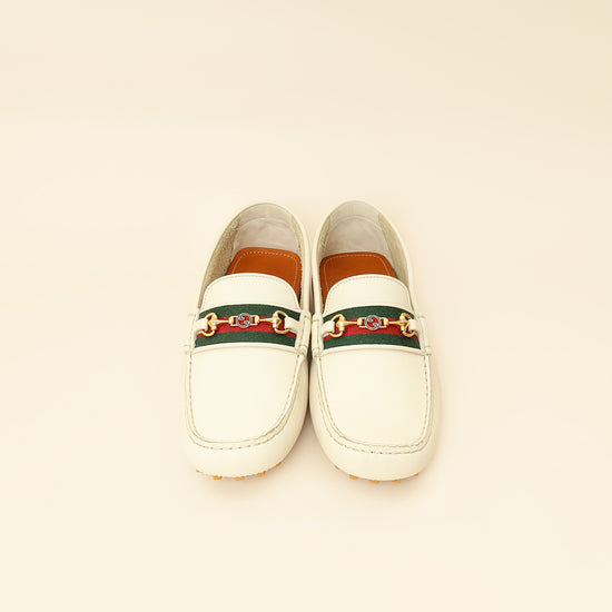Gucci White Cream Ayrton Horsebit Web Driving Loafer 8.5-Gucci-THE CLOSET