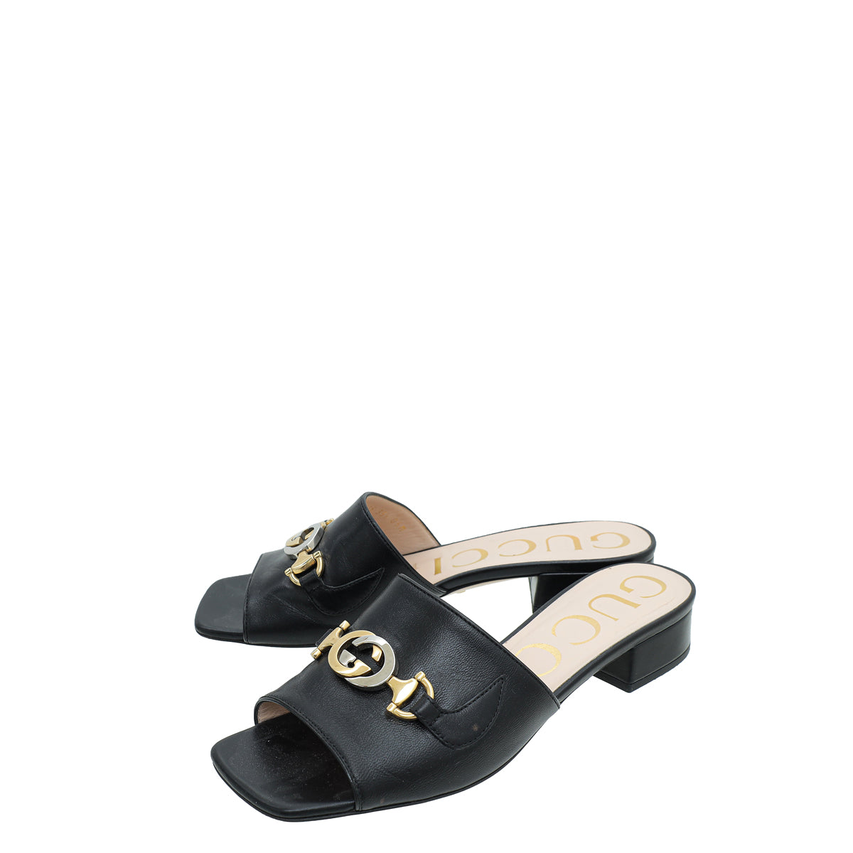 Gucci Black Zumi Horsebit Mid Heel Slide Sandals