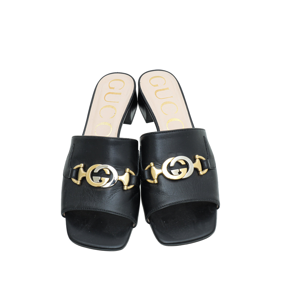 Gucci Black Zumi Horsebit Mid Heel Slide Sandals 35.5