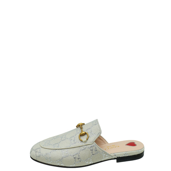 Gucci GG Metallic Light Grey Princetown Mules 35