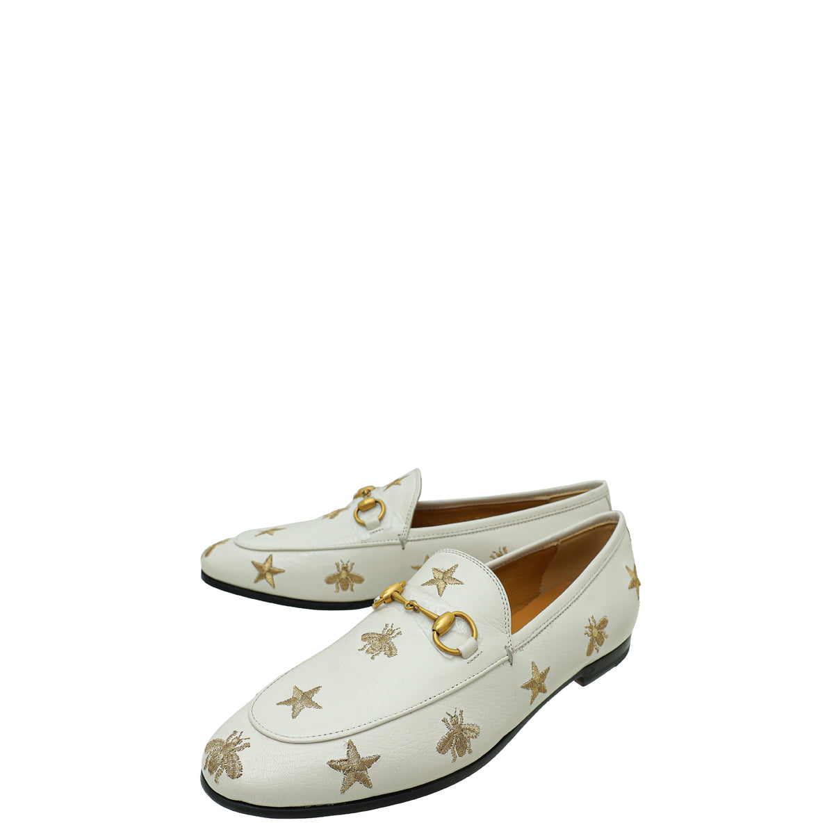 Gucci Mystic White Bee Star Embroidered Jordaan Horsebit Loafer 36.5