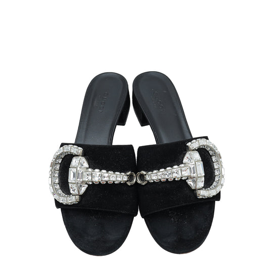 Gucci Black Maxime Suede Horsebit Crystal Mules 36