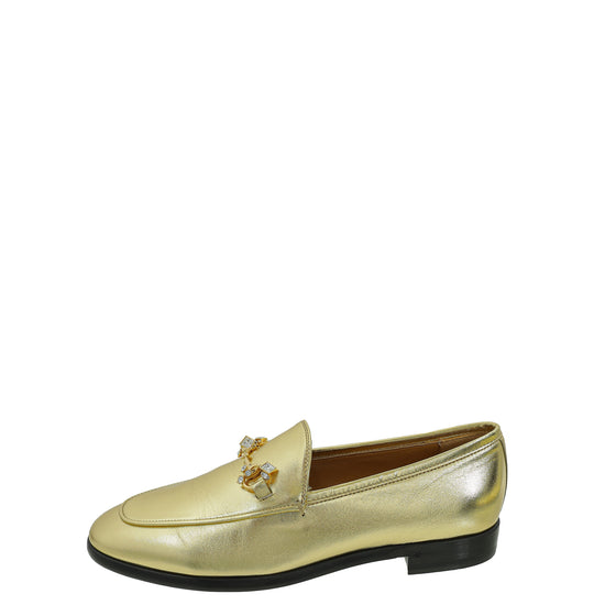 Gucci Gold Jordaan Crystal Loafer 37.5