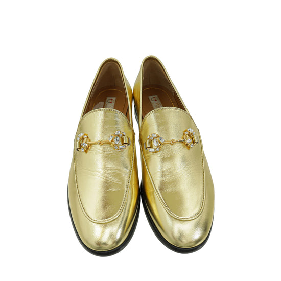 Gucci Gold Jordaan Crystal Loafer 37.5