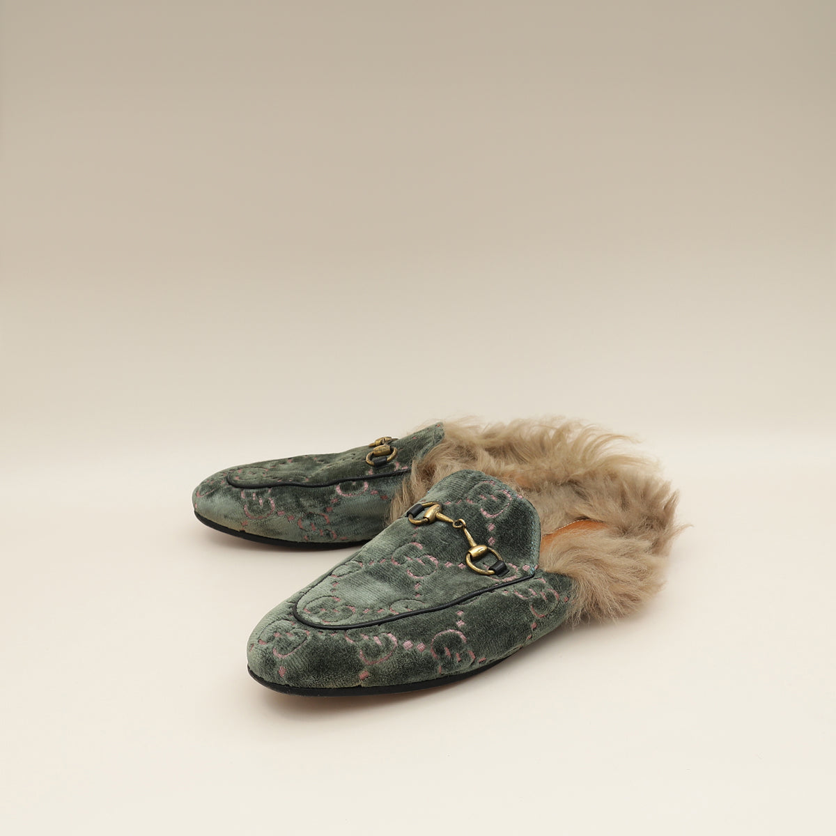 Gucci Olive GG Velvet Fur Princetown Mules 37-Gucci-THE CLOSET