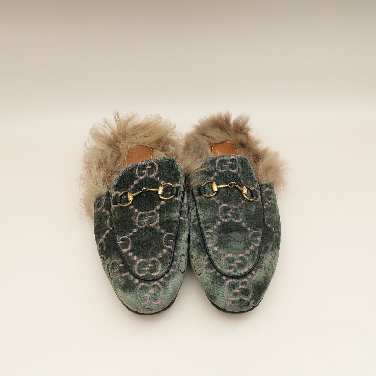 Gucci Olive GG Velvet Fur Princetown Mules 37 – THE CLOSET