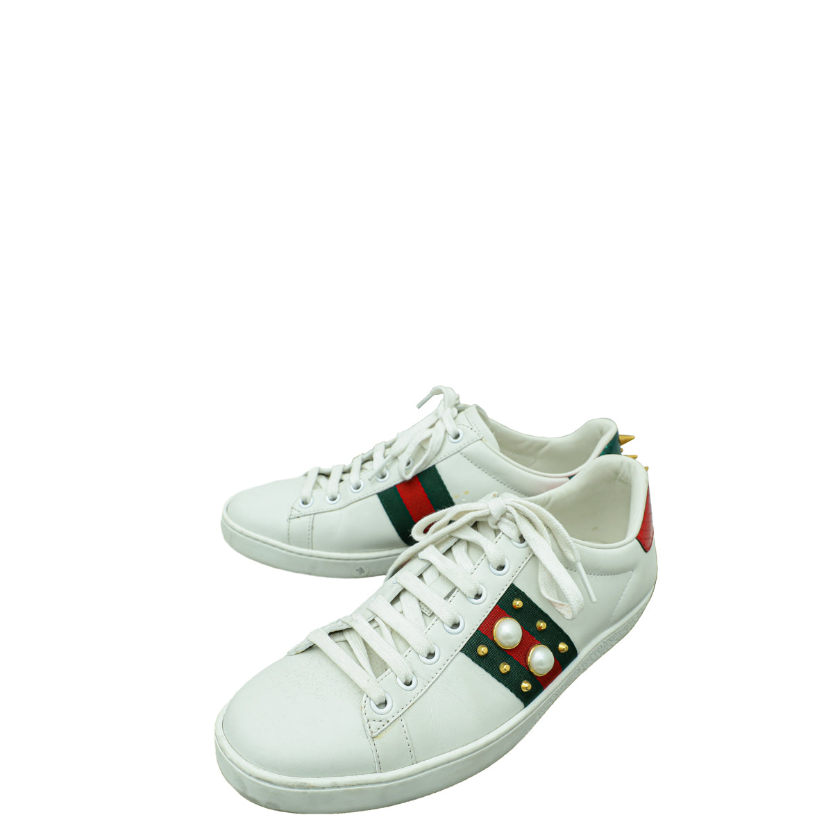 Gucci White Ace Web Pearl Studs Sneaker 38-Gucci-THE CLOSET