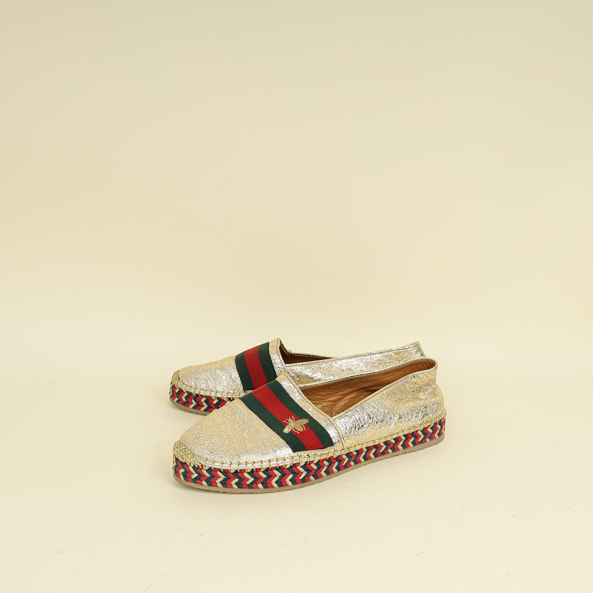 Gucci Metallic Gold Galassia Web Bee Embroidered Espadrilles 39