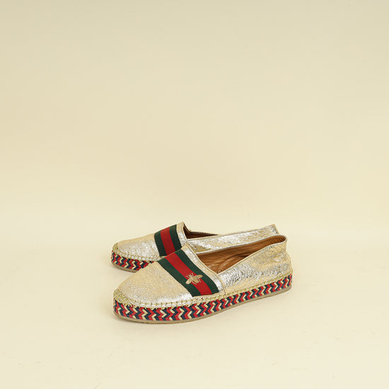 Gucci Metallic Gold Galassia Web Bee Embroidered Espadrilles 39
