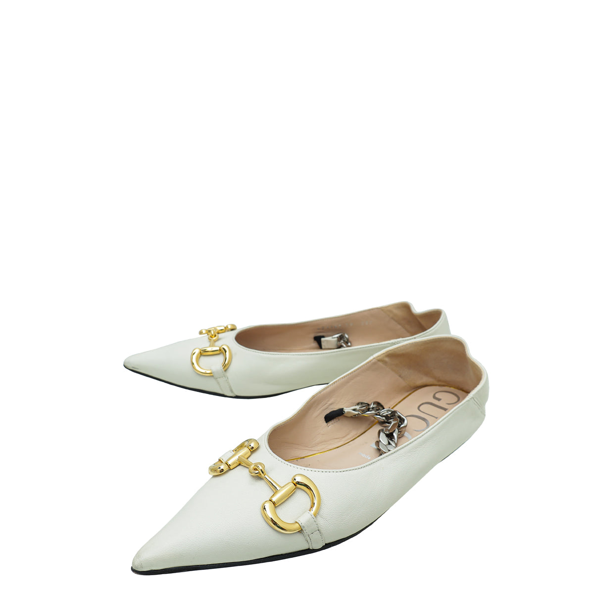 Gucci White Horsebit and Chain Accent Leather Flats 39-Gucci-THE CLOSET