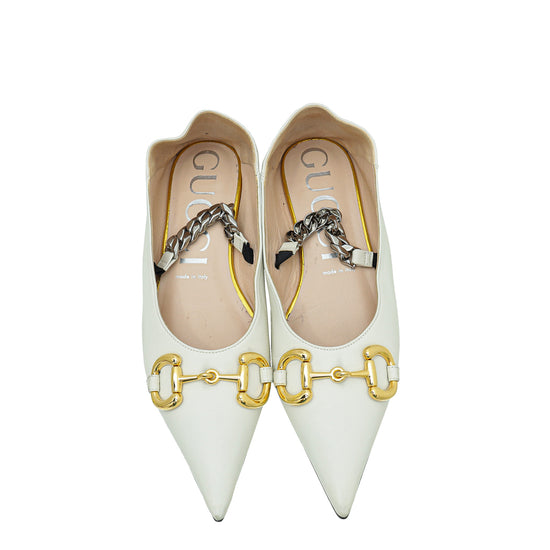 Gucci White Horsebit and Chain Accent Leather Flats 39