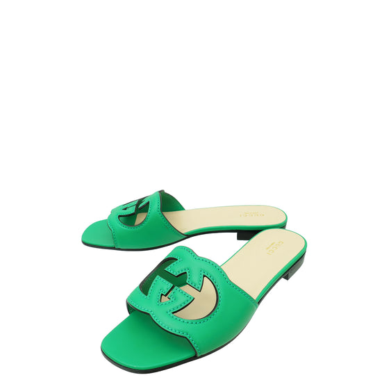 Gucci Green Interlocking G Cutout Flat Sandal 39